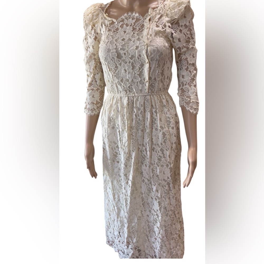 All over lace Cachet by Bari Protas ivory 80s Prom Wedding MOTB Cocktail Dress